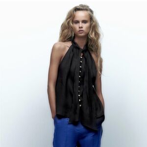 Zara 100% Linen Black Button Front Halter Top